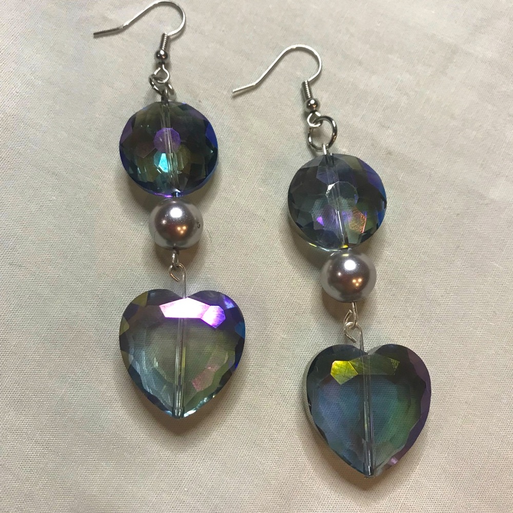 Gray Blue Crystal Heart S925 Silver  Drop & Bead Earrings